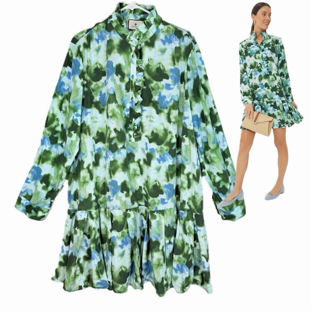 Tuckernuck Deep Lagoon Tate Dress SIZE XXXL Green Drop Waist Pleated Long Sleeve